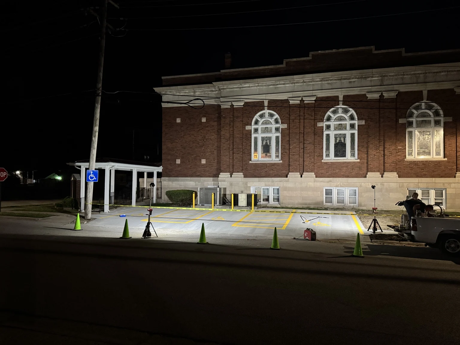 Completed ADA striping at a church at night